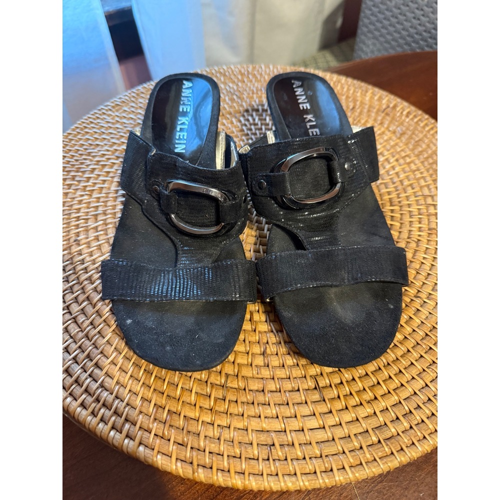 Anne Klein Akteela Black Wedge Slide Sandals iFlex Buckle Accent 6M